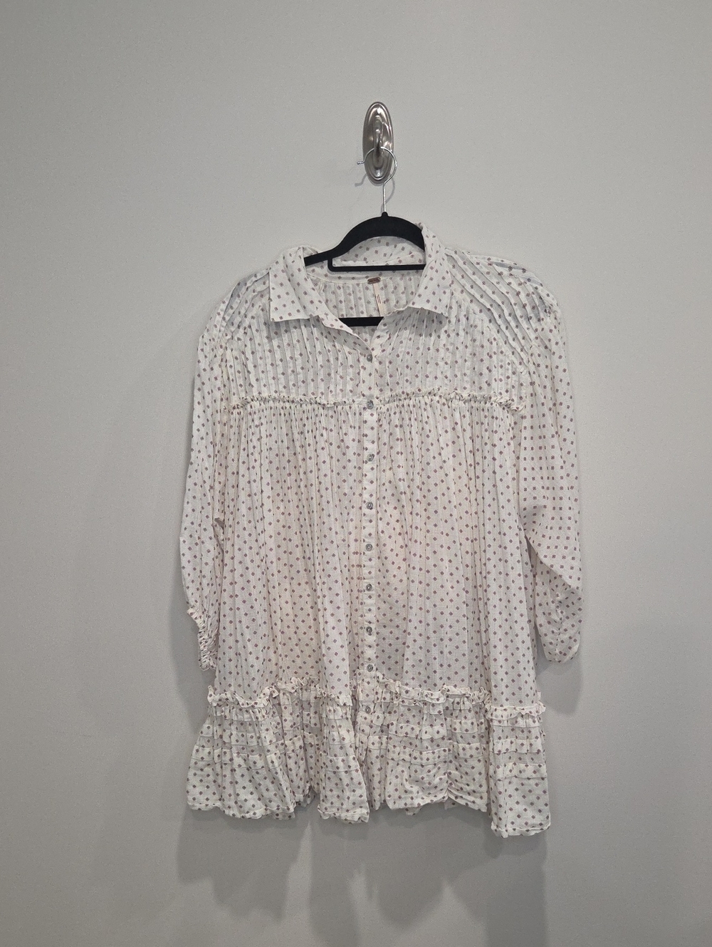 Free People Full Swing Cream Button-Down Ruffle Tunic Dress with Tiny Dot Print